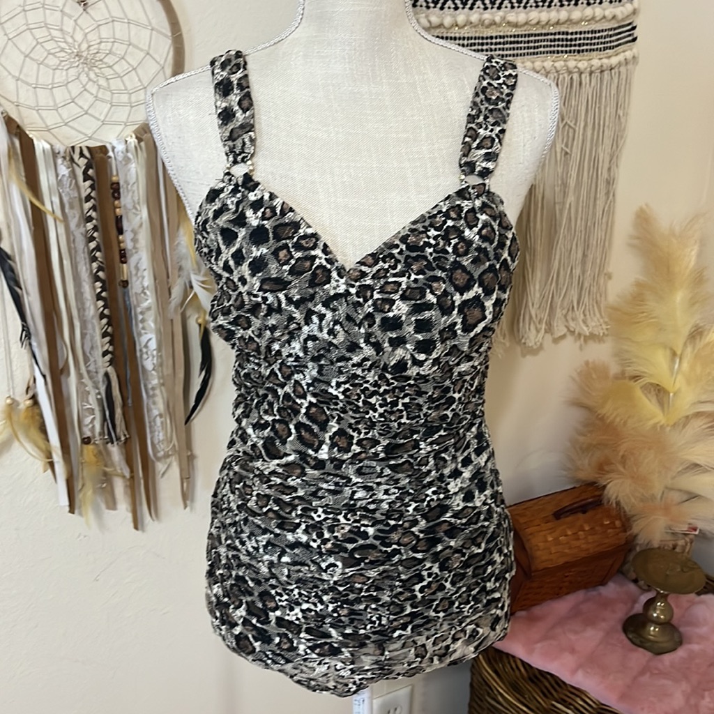 Leopard Print Mesh Ruched Top With Diamond Accessories By Express/ Size Medium